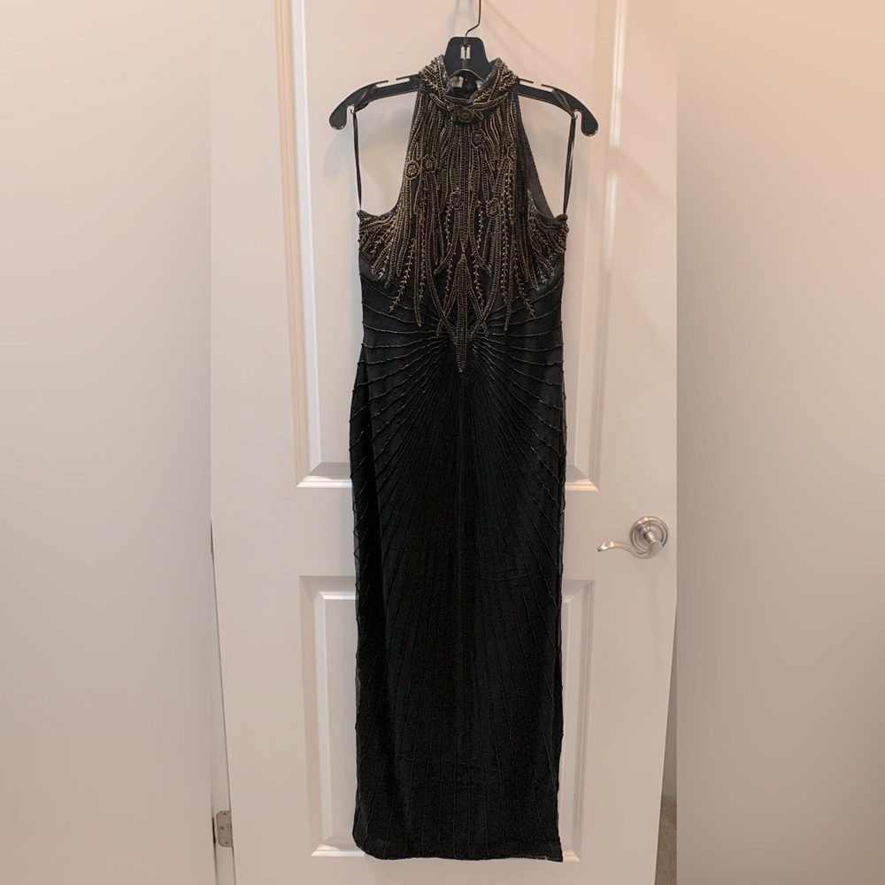 Formal beaded silk gown. Black with gold bead accents.